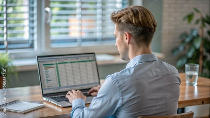 Professional man working on a laptop in a bright office environment